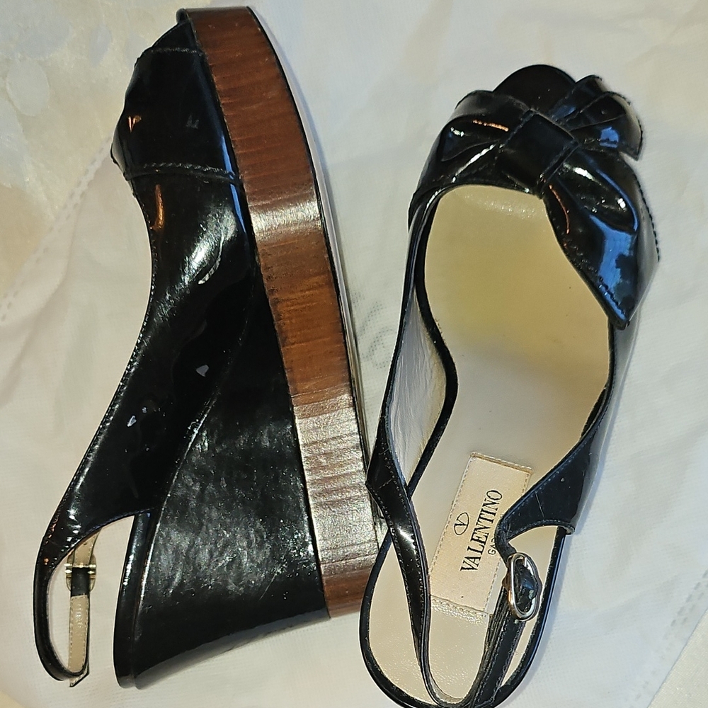 Valentino Black Patent Leather Platform Wedge Shoes